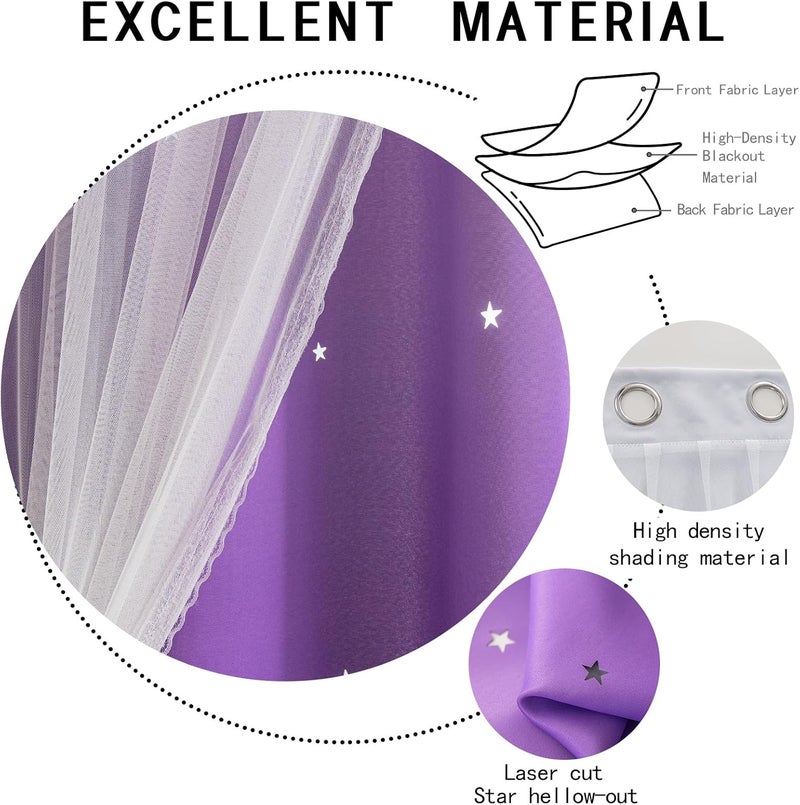 indistar Colourful Stripe Star Cut-Out Blackout Curtains for Bedroom,2 Layers Mix Design of Fabric & Tulle,Pretty Window Curtain for Kids Room 1 Panel (W52 x L72 Dark Purple) - Image 5